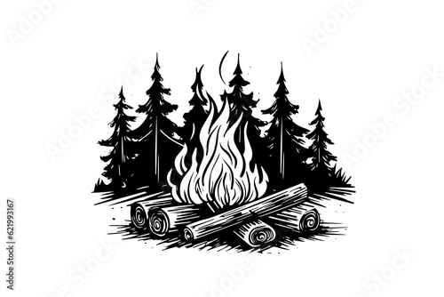 Hand drawn camping bonfire. Vector illustration of fire in sketch engraving style.