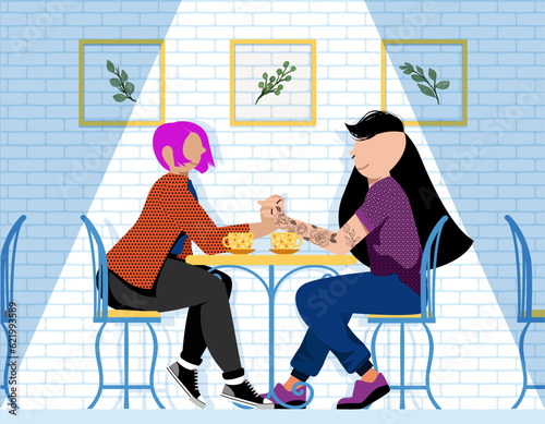 Everyday LGBT Life - Lesbian Couple Holding Hands, Sitting at the Bar Table