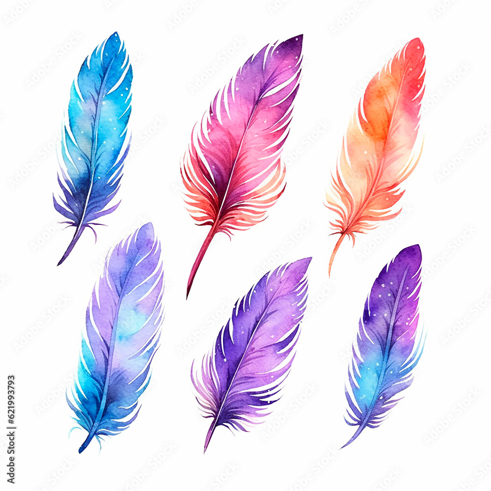 feather,s set watercolor on a white background created with Generative Ai feather,s set watercolor on a white background created with Generative Ai