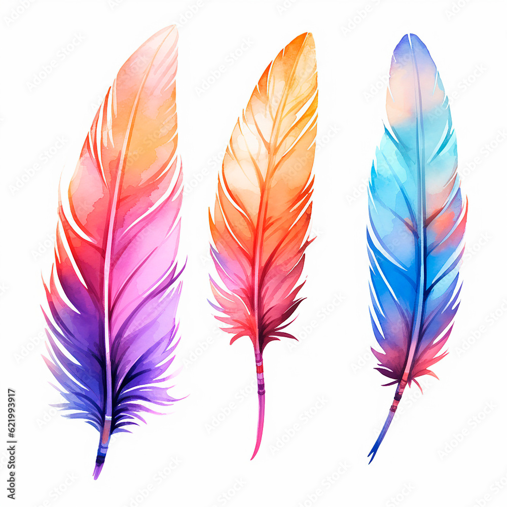 feathers set watercolor on a white background created with Generative Ai feathers set watercolor on a white background created with Generative Ai