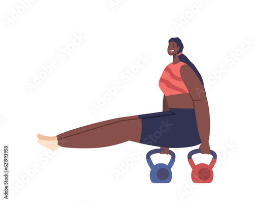Powerful Black Woman With Sculpted Muscles Performing Challenging Kettlebell Calisthenics Workout, Vector Illustration
