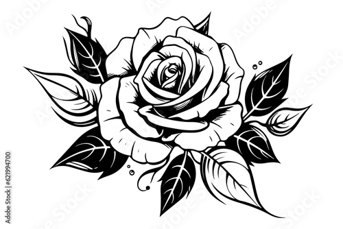 Vintage rose flower engraving calligraphic .Victorian style tattoo vector illustration