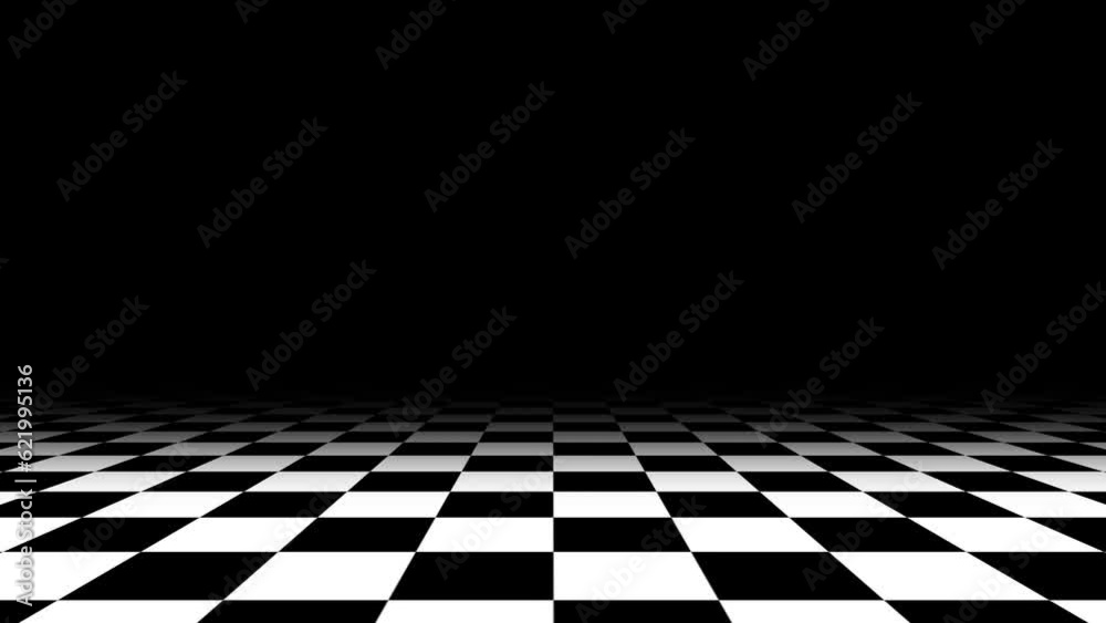 Abstract CGI motion background with moving checkered surfaces in perfect seamless loop. Looped passing through black and white checkered floor animation. Moving forward through vintage chess board