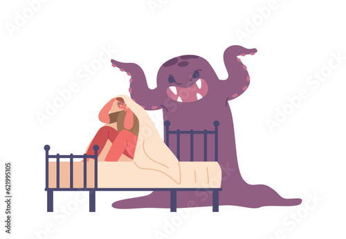 Kids Nightmare, Terrified Phobia. Little Scared Trembling Boy Sit on Bed under Blanket Hiding from Frightening Ghost