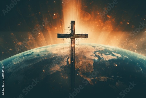 Cross of Jesus Christ in front of the Earth. 3d rendering