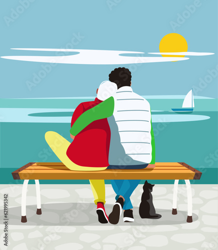 Everyday Life: Everyday Living - A gay couple sitting back-to-back on a bench, watching the sea