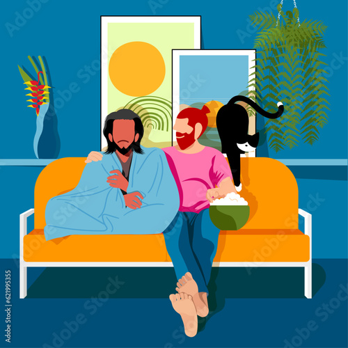 Everyday Life: Everyday Living - A couple watching TV series at home, sitting on the couch with their cat