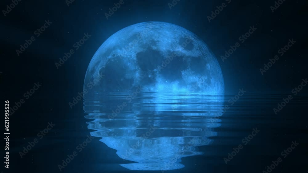Full and New moon phases on a starry sky and water waves bright neon rays, vibrant shine with neon glow around the moon. Screensaver for advertising and space for products. Full moon party background