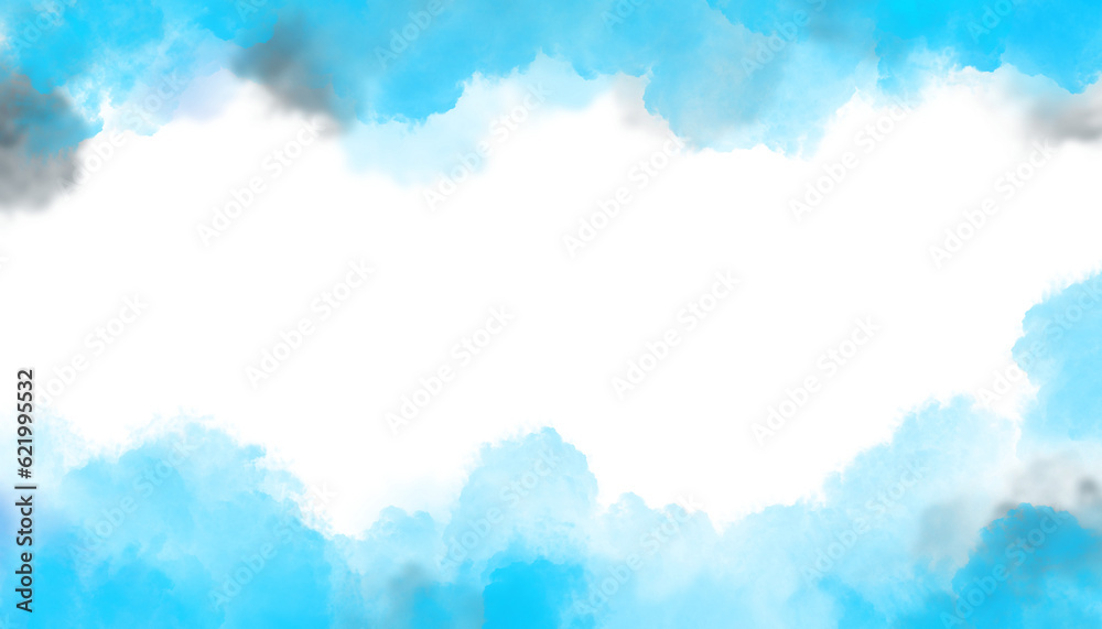Watercolor background with blue cloudy brush and golden glitters spot.	