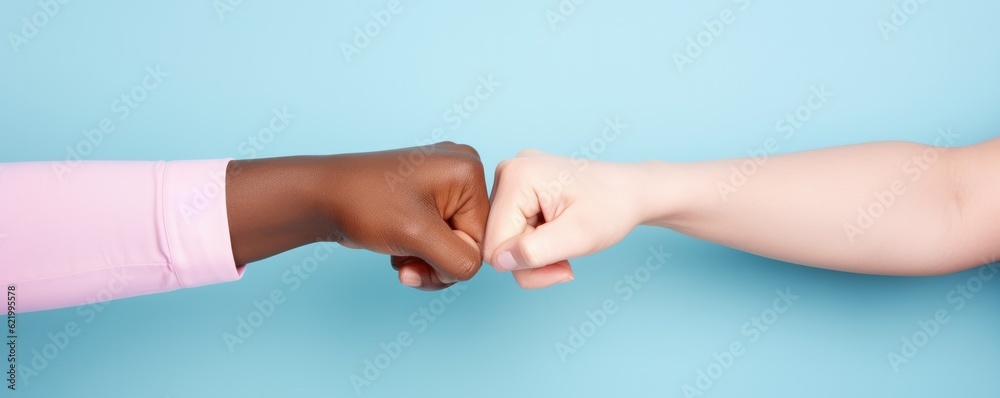 People giving fist bump, power of teamwork concept, panorama pastel background. Generative Ai. People giving fist bump, power of teamwork concept, panorama pastel background. Generative Ai.