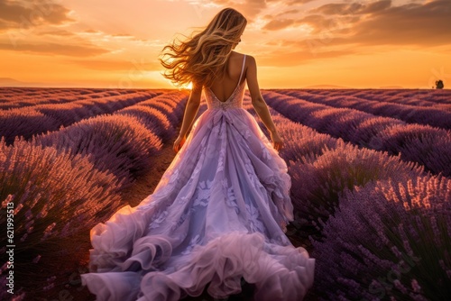 A girl in a long dress in a large lavender field lit by the sun, AI generated