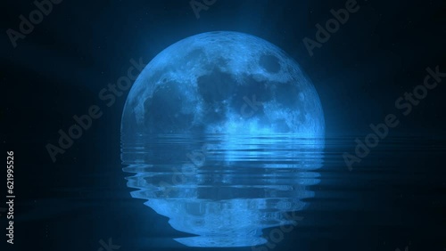 Full and New moon phases on a starry sky and water waves bright neon rays, vibrant shine with neon glow around the moon. Screensaver for advertising and space for products. Full moon party background