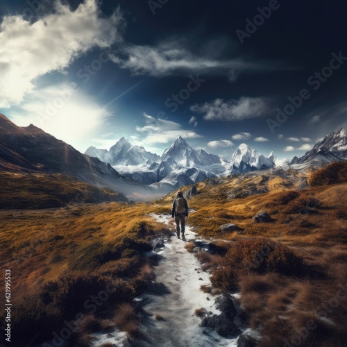 Hiker on the trekking trail in the mountains