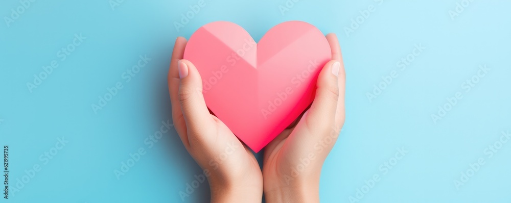 Hands in shape of heart, pastel background, concept of friendship and love, panorama. Generative Ai. Hands in shape of heart, pastel background, concept of friendship and love, panorama. Generative Ai.