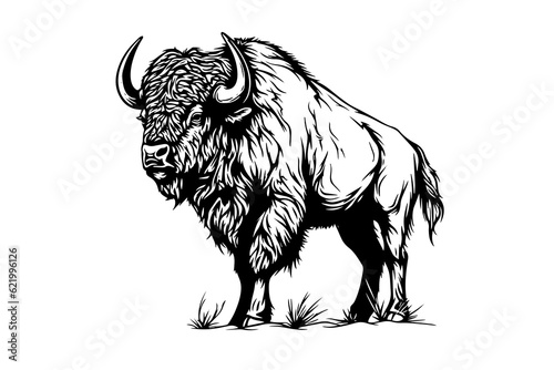Hand drawn buffalo. Vector illustration of bull ink sketch engraving style. photo