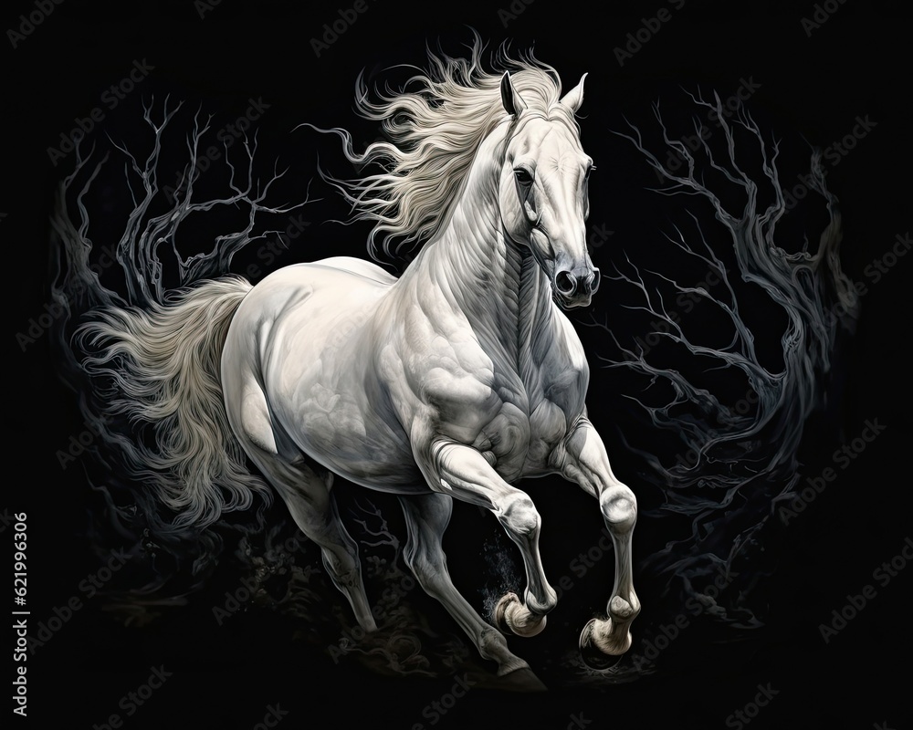 In the dark, a white horse gallops on a black background. (Illustration, Generative AI) In the dark, a white horse gallops on a black background. (Illustration, Generative AI)
