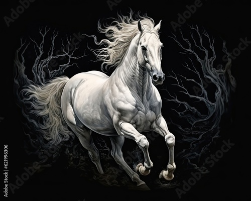In the dark  a white horse gallops on a black background.  Illustration  Generative AI 