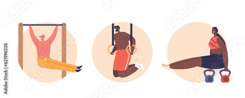 Isolated Icons or Avatars with Athletes Blogger Characters Record Calisthenics Exercises on Bar, Rings and Kettle Bells