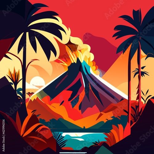 dynamic vector art representation of an erupting volcano surrounded by a lush tropical jungle