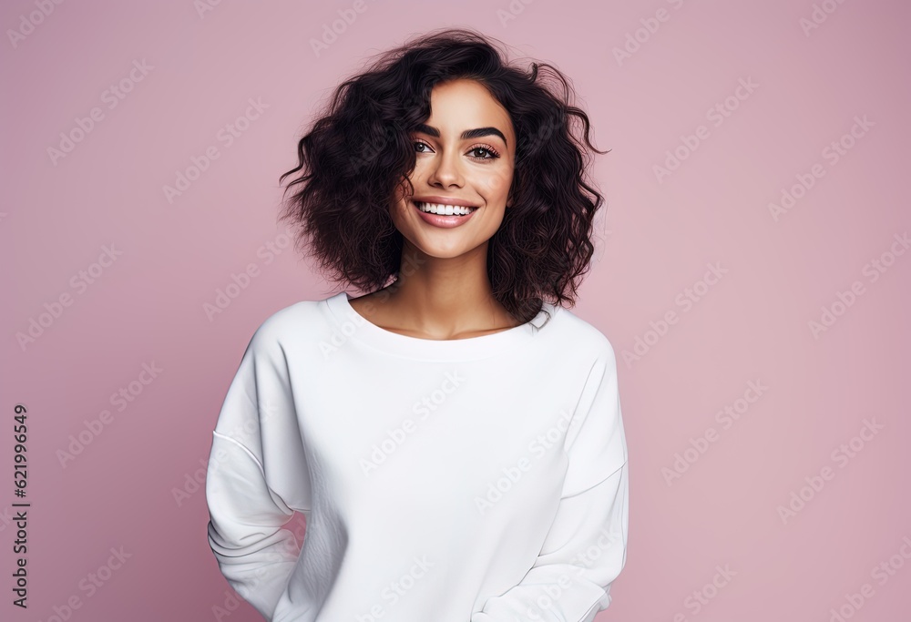 Obraz premium smiling lady on a pink background with curly hair