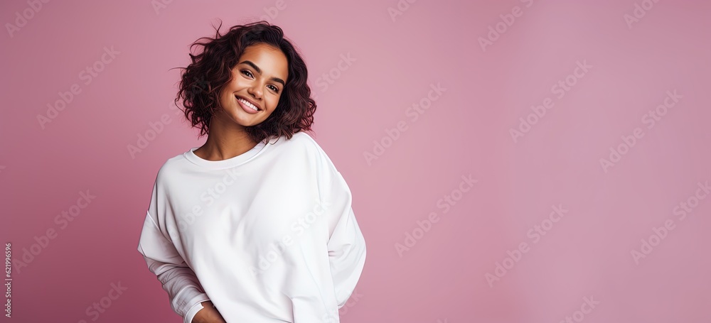 smiling lady on a pink background with curly hair smiling lady on a pink background with curly hair