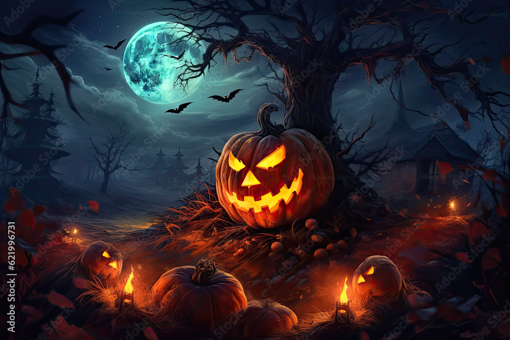 Halloween holiday themed image with creepy pumpkins. Generative AI. Halloween holiday themed image with creepy pumpkins. Generative AI.
