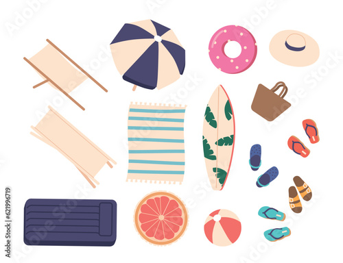 Valokuva Set Of Beach Items, Umbrella, Beach Chair, Towel, And Beach Ball, Sup Board, Fli