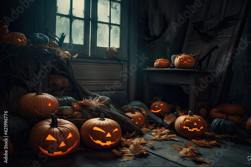 Halloween holiday themed image with creepy pumpkins. Generative AI.