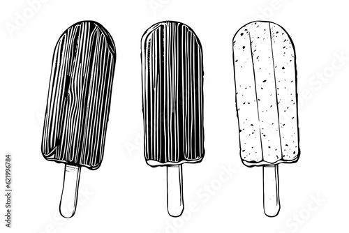 Ice cream on a stick. Ink hand drawn sketch engraved style vector illustration.