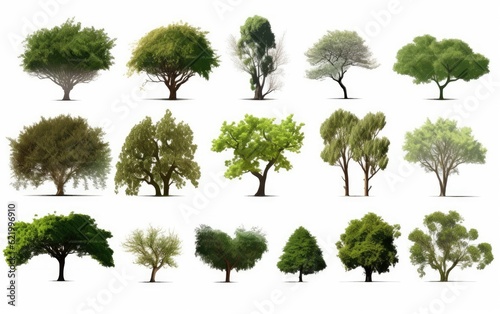 Set of green trees isolated on white background. Different kinds of tree collection  Generative AI