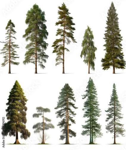 Set of tall pine trees isolated on a white background, Generative AI
