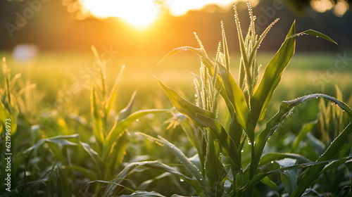 Fotografia sunrise over a cornfield at dawn in Illinois in July, dew still on the leaves, s