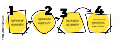 4 steps infographic with hand drawn text box, arrows. Step by step instruction. Empty way progress design template. Data visualization. Design element for presentation with copy space. Workflow layout