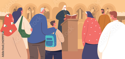 Characters on Liturgy In Orthodox Church during Traditional And Sacred Service or Ritual. Religious Chants, Vector