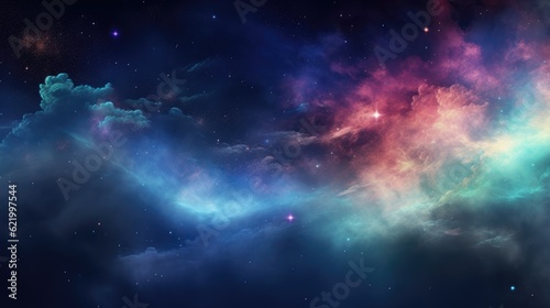 Abstract colorful space background with nebula, stars and planets © eireenz