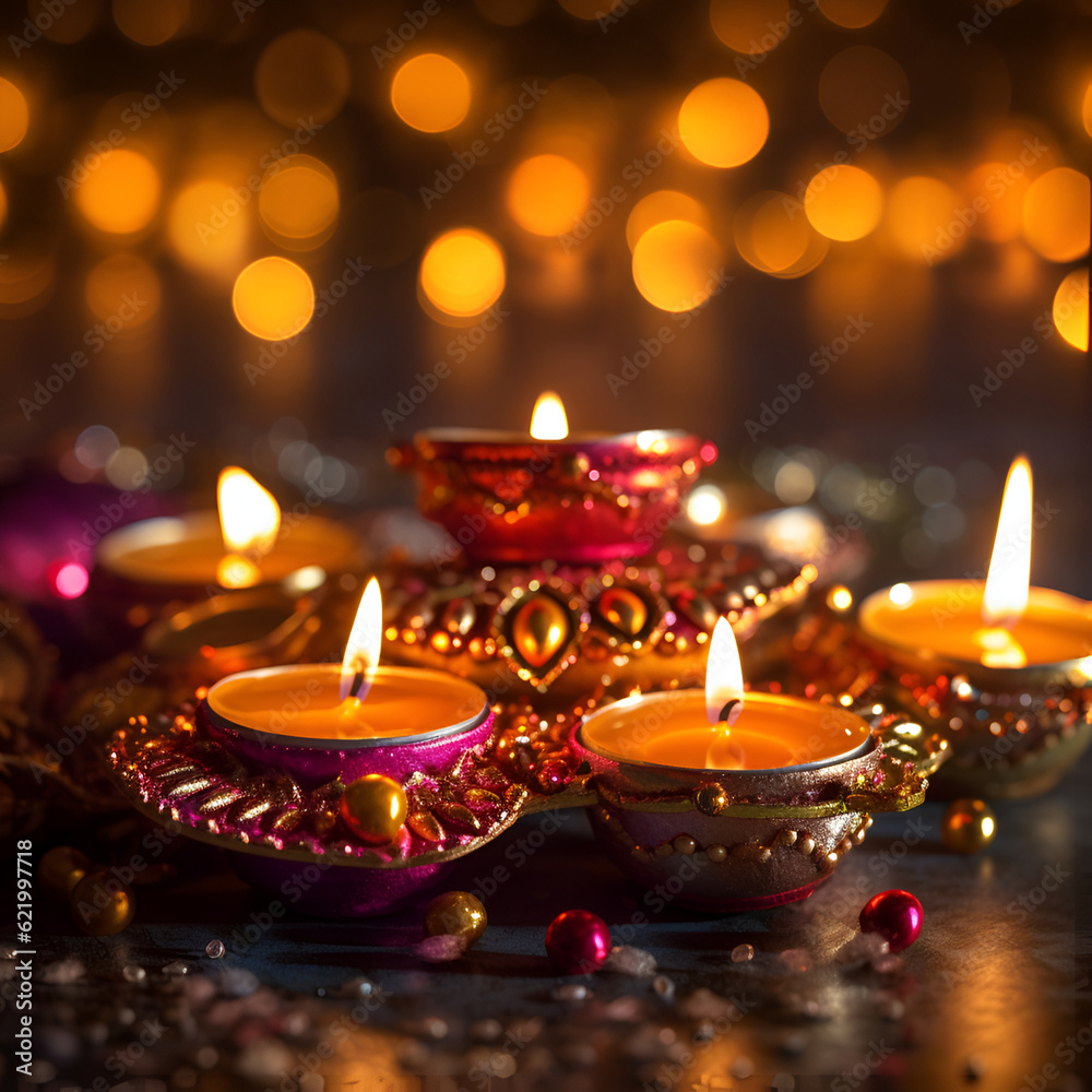 Generative AI illustrations, Happy Diwali - Diya lamps lit during diwali celebration. High quality photo Generative AI illustrations, Happy Diwali - Diya lamps lit during diwali celebration. High quality photo