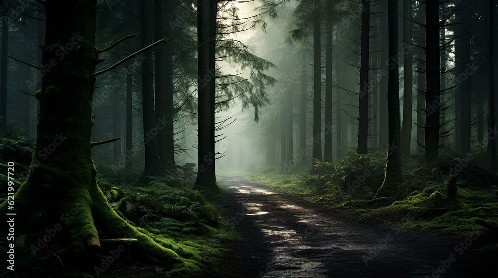 Dark forest with fog in the morning. Beautiful nature scenery of Northern Europe AI generated