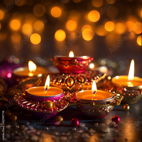 Generative AI illustrations, Happy Diwali - Diya lamps lit during diwali celebration. High quality photo