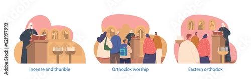 Isolated Elements With Characters Attend Orthodox Church Service. Men And Women Listening Priest Reading Liturgy