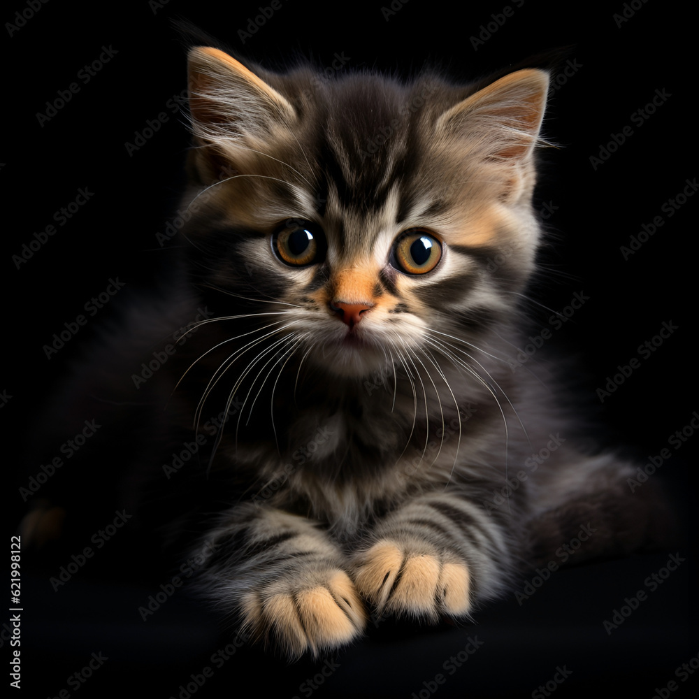 The kitten on a black background. Generated AI.