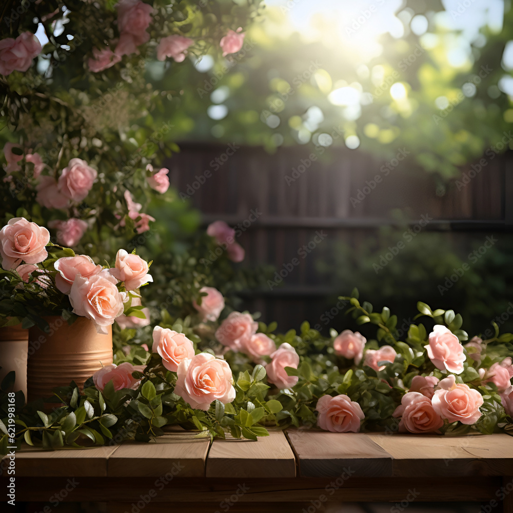 Pink roses backgrounds with empty wooden table for product display.Generated AI
