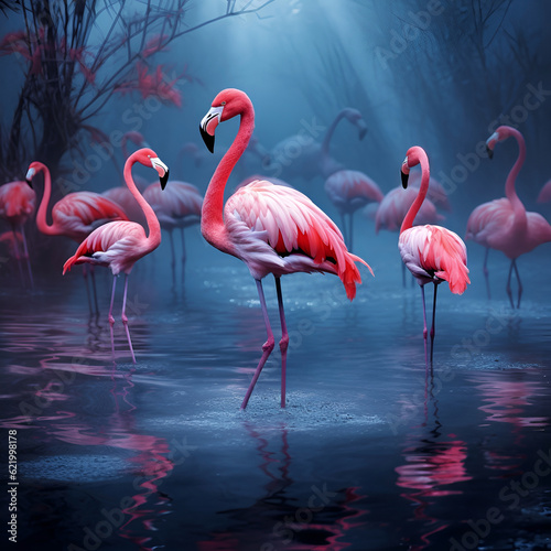 Flamingo birds standing in the water. Generated AI