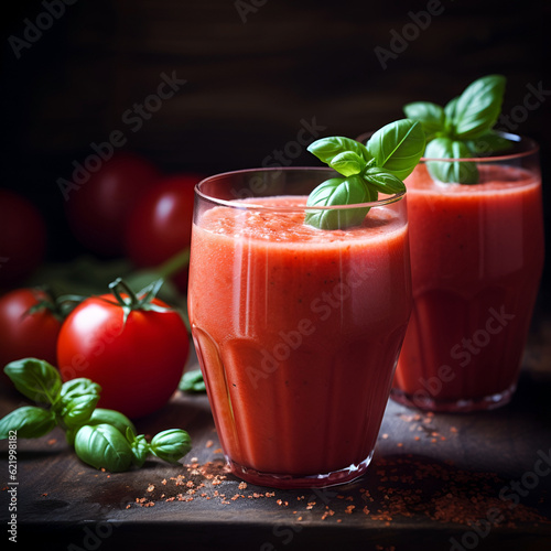Tomatoes juice with basil herbal on black backgrounds. Generated AI