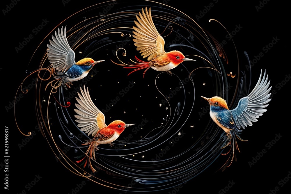 Fototapeta premium Birds flying together on a black background. (Illustration, Generative AI)