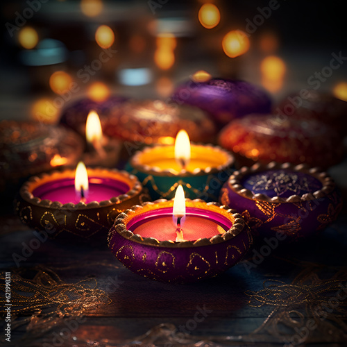 Generative AI illustrations, Happy Diwali - Diya lamps lit during diwali celebration. High quality photo