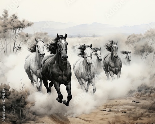 Foto A herd of horses swiftly galloping, raising clouds of dust