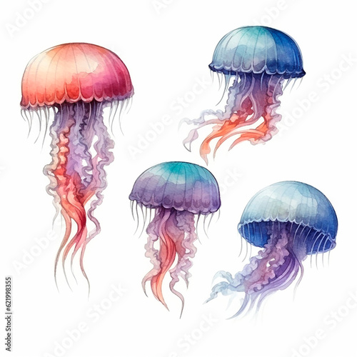 jellyfish set watercolor on a white background created with Generative Ai