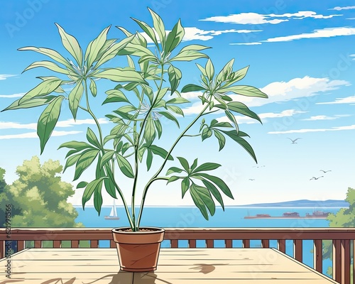 In the image  a green plant is close up  with a blue sky in the background and a white table in the foreground.  Generative AI 