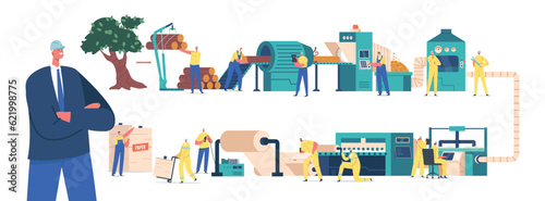 Paper Production Process Set . People Making Papers Products, Cleaning Pulp, Raw Wood Manufacturing, Factory