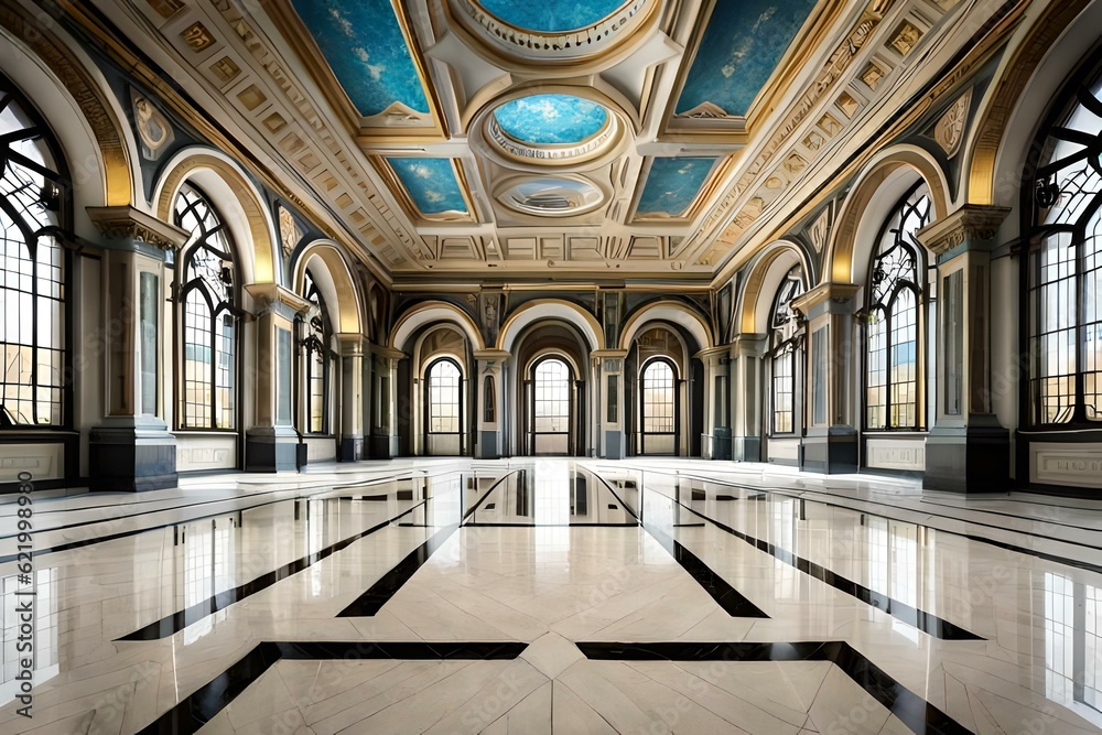 Fototapeta premium Awesome picture of internal bedrroom design decorated with cieling lights and beautifull circle at the miidle of the room with beautifull view of rainbow lights